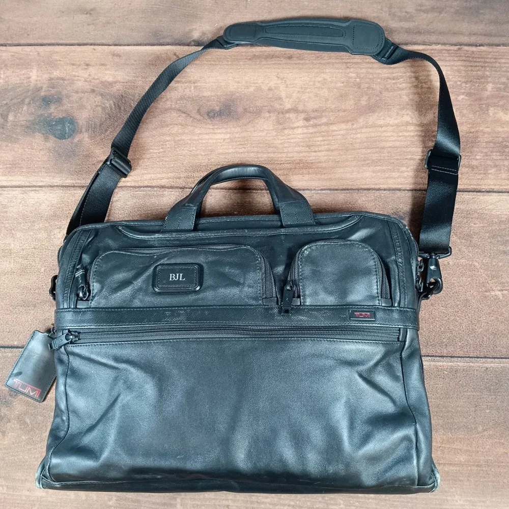 Tumi Black Leather Briefcase Laptop Bag Messenger Shoulder Strap Monogram BJL